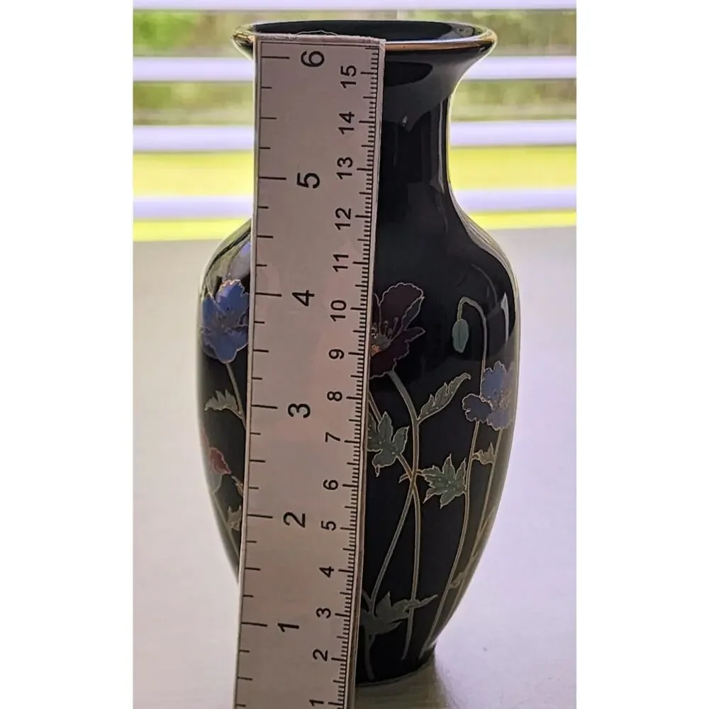 Japanese Black Floral Vase Gold Trim Poppy Design 6